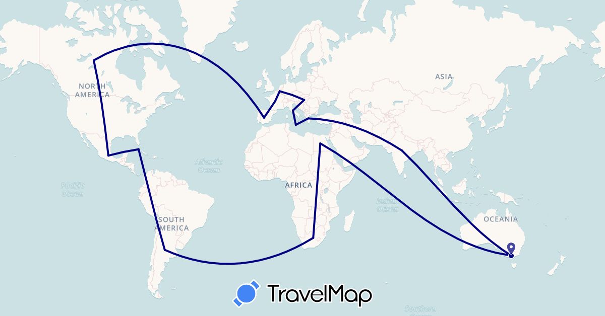 TravelMap itinerary: driving in Argentina, Australia, Belgium, Canada, Cuba, Egypt, Spain, France, Greece, Hungary, India, Italy, Malta, Mexico, South Africa (Africa, Asia, Europe, North America, Oceania, South America)