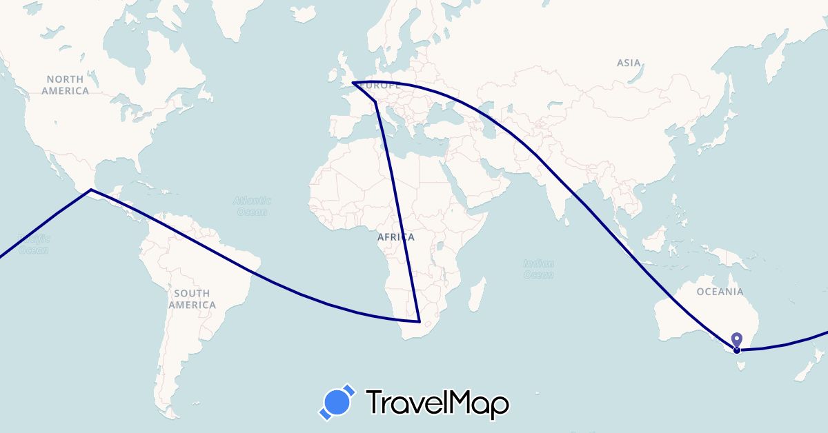 TravelMap itinerary: driving in Australia, Switzerland, United Kingdom, India, Mexico, South Africa (Africa, Asia, Europe, North America, Oceania)